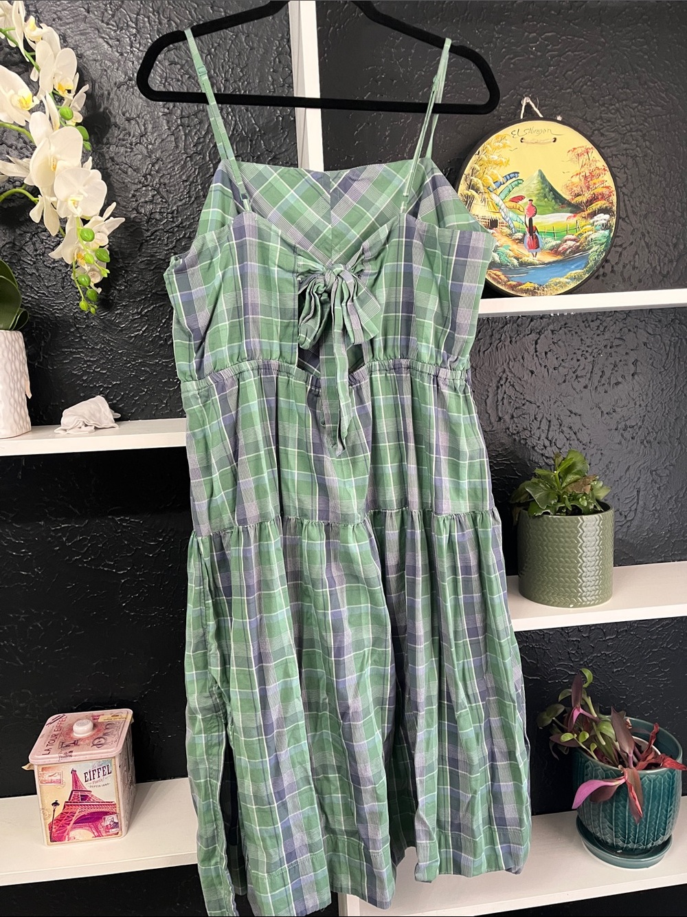 Light Green Plaid Tiered Midi Dress